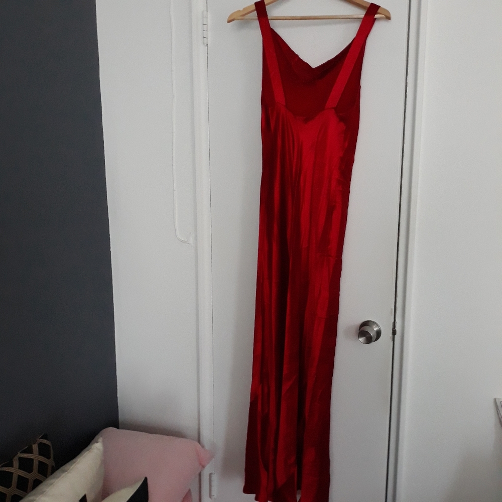 Red silk drape neck long gown